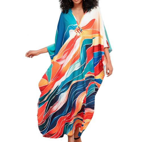 Lazz1on Caftan Mujer Vestido de Playa Largo Bohemian Pareo Verano Maxi Traje de baño Cubrir Scollo a V