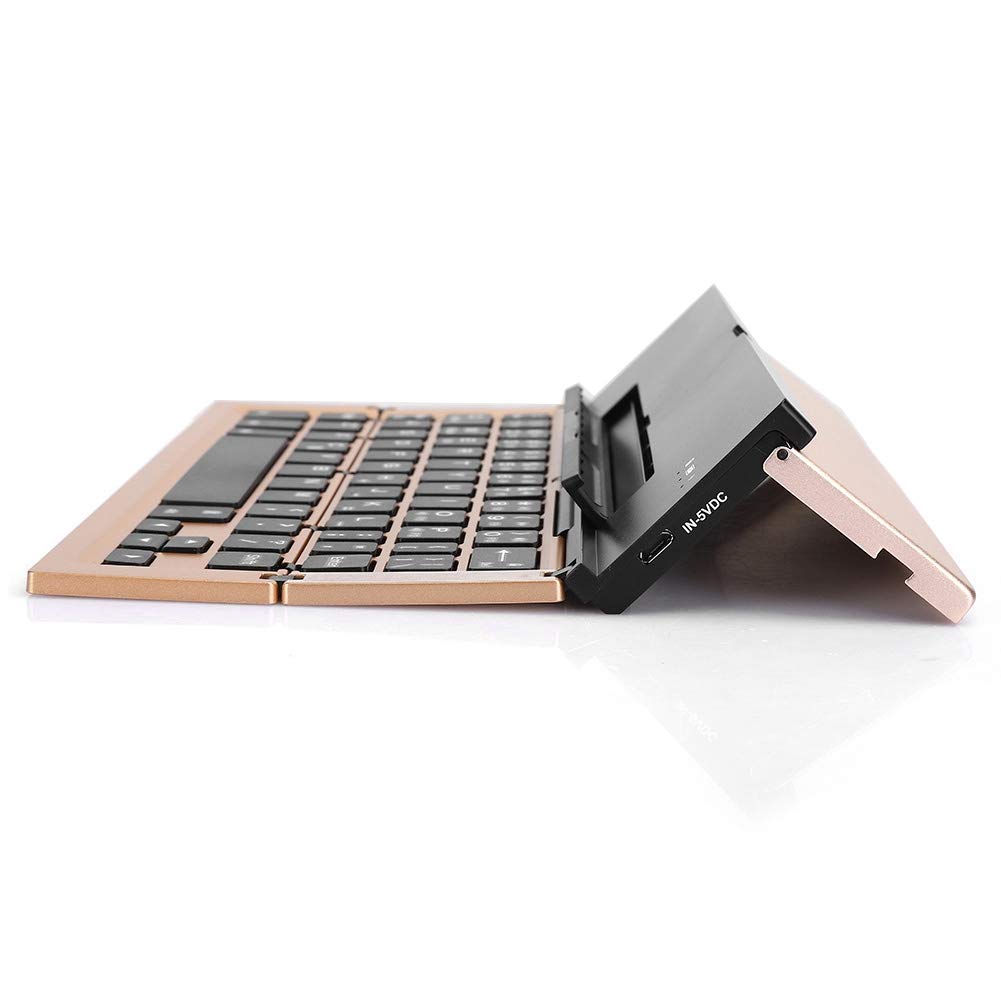 Bewinner Klawiatura do tabletu składana, przenośna mini klawiatura ze stopu aluminium bezprzewodowe akcesoria komputerowe ze stojakiem na telefony komórkowe i tablety złota