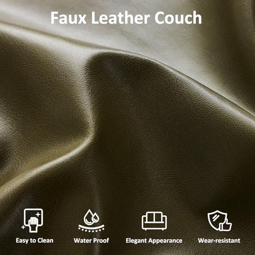 Image of Kingfun 2 Piece Faux Leather Sofa Set, Mid Century Modern Living Room Furniture Set with 3-Seater Sofa and Loveseat, Small Leather Couch with Solid Wood Frame for Bedroom and Office, Olive Green