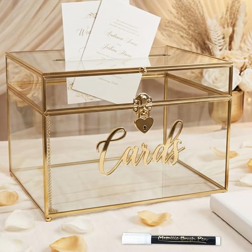 Image of Wedding Card Box with Heart Lock, Large Metal Glass Card Box with Gold Frame for Party Reception, Wedding, Baby Showers, Birthdays, Bridal, or Graduation, 12x9.5x8.5 Inches