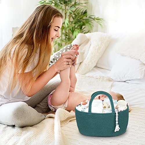 Image of XUANGUO Large Cotton Rope Baby Diaper Caddy Organizer Basket Dark Green | Nursery Storage Bin, Portable Baby Tote Bag for Changing Table or Car, Baby Shower Gifts Bag, Newborn Essentials, Registry