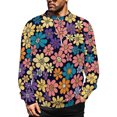 MoBlinko Mens Sweater Pink Purple Flowers Sweaters for Men Crew Neck Sweater for Men Lightweight Pullover