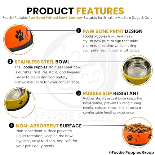 Image of Foodie Puppies Stainless Steel Dog Bowl Combo - (Medium, 700ml) Food and Water Feeding Gift Bowl | Suitable for Dogs, Cats and Other Pets I Paw Bone Print, Anti-Skid Rubber Base (Yellow + Orange)