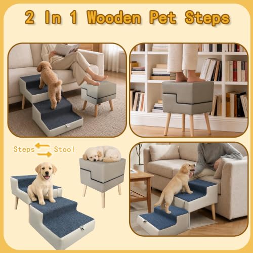 Image of 16 inch H Dog Stairs for Small Dogs, Foldable 2-in-1 Pet Steps & Ottoman, Non-Slip Dog Stairs for Couch, Wooden Pet Stairs Ramp for Puppy Senior Injured Dogs Grey