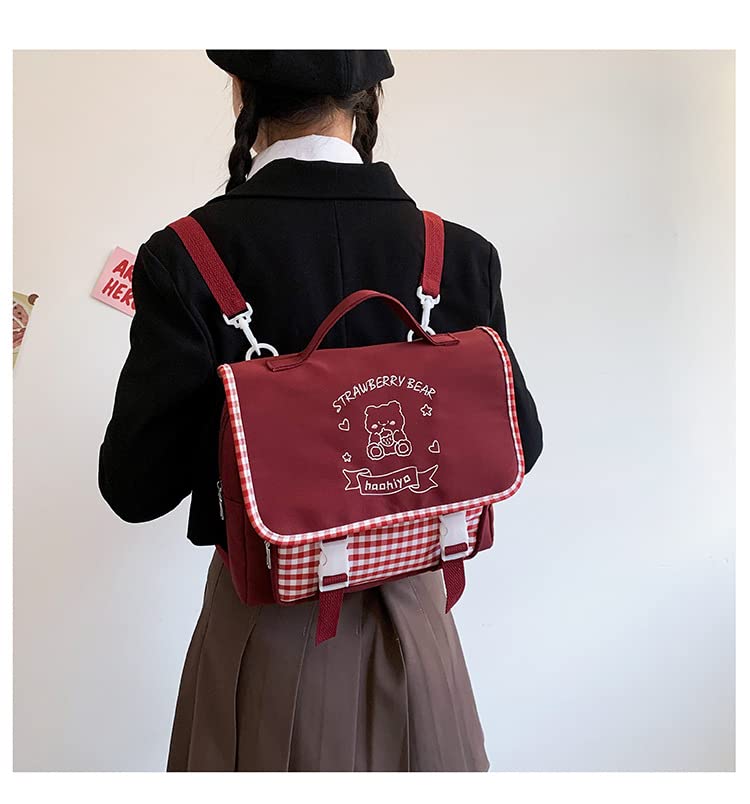 YUESUO Japanese Kawaii Plaid Bear Strawberry Backpack 3 Way Multi Bag for Girl Women JK Lolita Student Cosplay Satchel Book Bag (Red,Medium)3