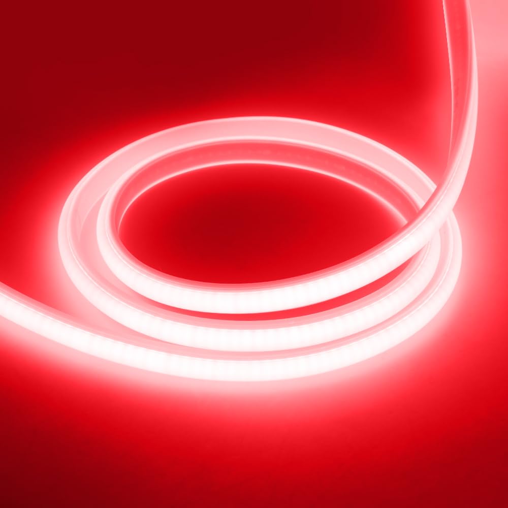 GQL Flexible COB Neon Light Strip, 220V LED Strip 288 LEDs/m, Cut to 50cm, IP65 Waterproof Modified Silica Gel Rope Light with UK Plug Power Supply (14m, Red)