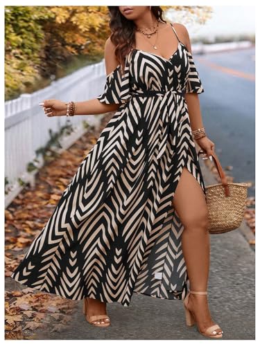 Image of Floerns Women's Plus Size Cold Shoulder Short Sleeve Split Thigh Long Dress