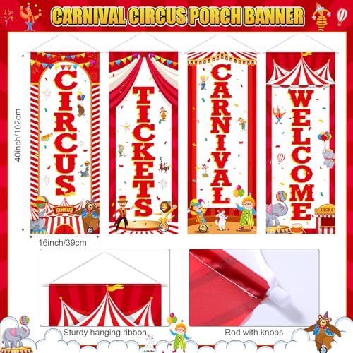 Image of Panelee 4 Pcs Carnival Circus Party Decorations Welcome Carnival Circus Tickets Porch Banner Hanging Backdrop for Halloween Birthday Baby Shower Door Wall Indoor Outdoor Decor