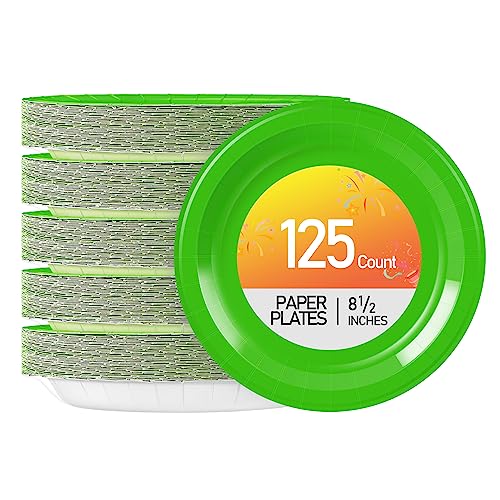 Birthdayparties Grass Green Disposable Paper Plates 8.5 Inch,Round 8 1/2 inch Paper Plates Dinner Plates Great for Party, Dinner, Picnic or Special Events,125PCS