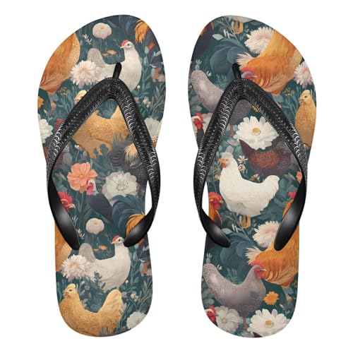 ALAZA Rooster Hen Flowers Farm Animal Flip Flops for Women Fashion Beach Slippers Comfort Mens Flip Flops Non-Slip Rubber Shower Slippers Sandal for Hotel Travel Sport,XS