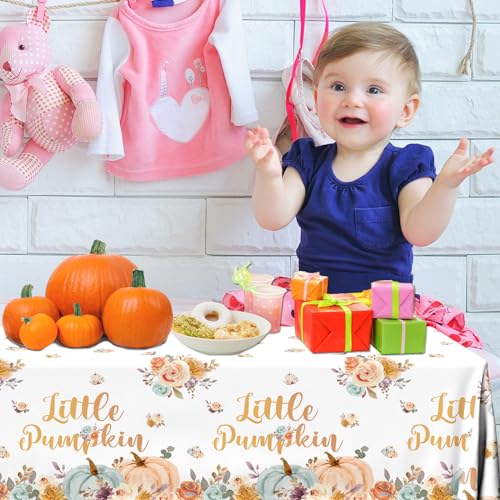 Image of CMUSKO 3Pcs Little Pumpkin Tablecloths-Floral Pumpkin Theme Rectangular Plastic Table Covers Fall Baby Shower Birthday Party Supplies for Boys Girls