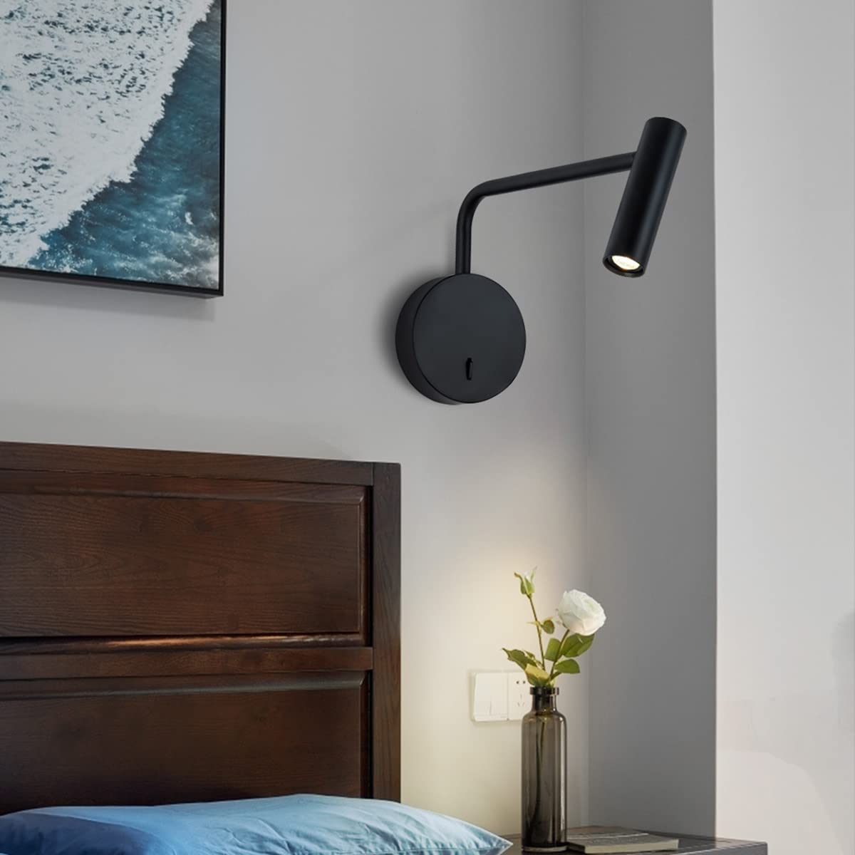 Wandlampe Innen Mit Schalter Und Stecker 3W LED Wandleuchte Mit 1.5M Kabel Verstellbar Wand Leselampe Nachttischlampe Warmweiß 3000K Wandspot Flurlampe Für Wohnzimmer Schlafzimmer Hotel Lernen,Schwarz
