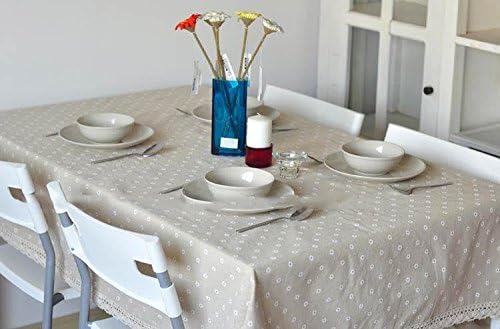 Vista 6 de Mantel de lino de algodón pesado a prueba de polvo para decoración de mesa de cocina y comedor (tela blanca con margaritas beige, 55 x 79 pulgadas)