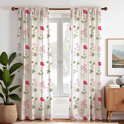 Image of HOMEMONDE Door Curtains 7 Feet Single Piece - Printed Room Darkening Curtain, 65% Light Blocking Cotton Panels - (Pink Floral, 84 Inch)
