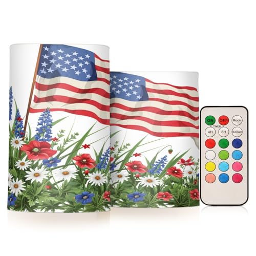 Image of Lights Flameless Candles Wildflowers American Flag Pillar Candles Set of 2 Battery Operated Remote Control Warm Lights Home Decor