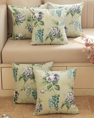 Image of Clasiko Set of 5 Cushion Covers 24x24 Inch - Duck Cotton Decorative Cushion Covers Sage Green Floral