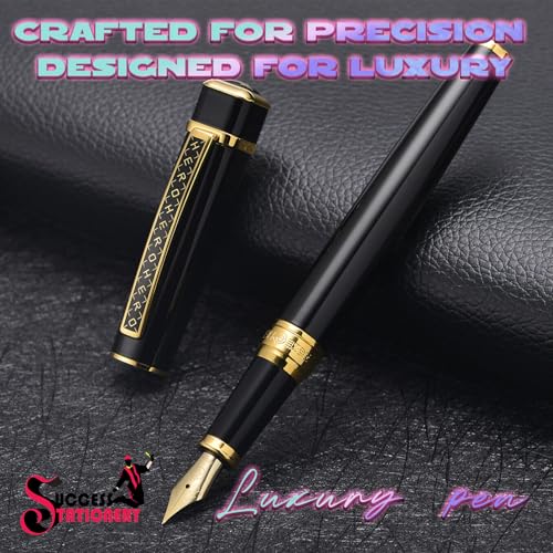 Image of Success Stationery Hero Pen Original Fountain Pen for Men Extra Fine Nib Ink Pen Black Colour Cap and Body Gold Trim Luxury Pen 979 Gift Set with Box