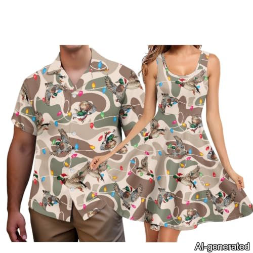 Image of Dreaweet Summer Dresses for Women A-Line Sleeveless Flowy Sun Dresses,Men's Casual Button-Down Shirts,Couple Matching Outfits