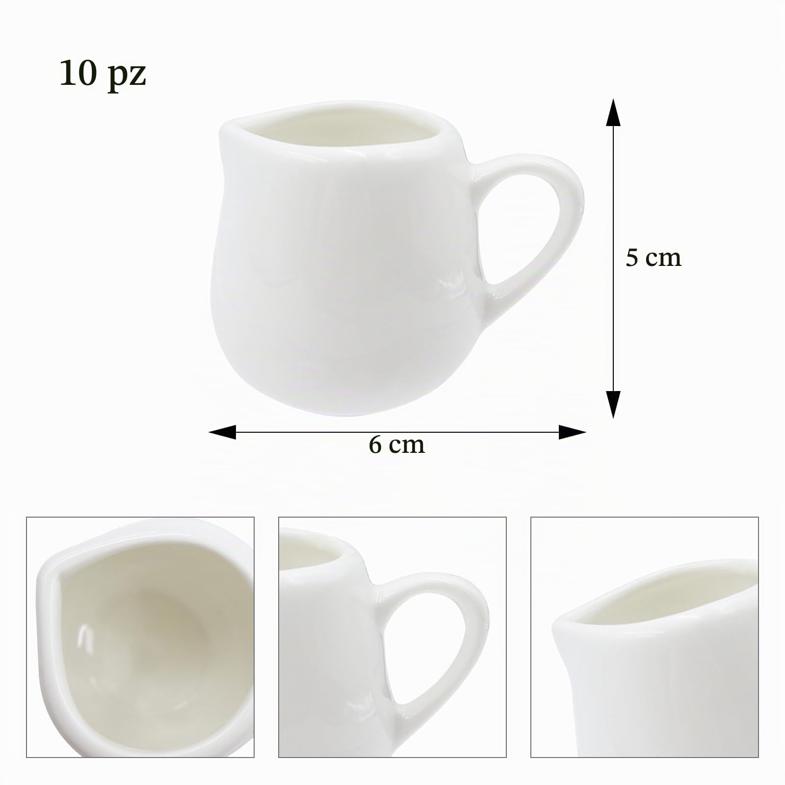 Mini Bricco Latte Con Manico in Ceramica 50ml - Lattiera Porcellana per Succo, Caffè, Salsa, Casa, Cucina (Bianco) - 10 Pezzi