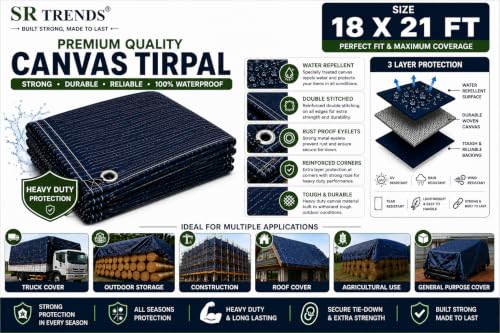 Image of 1200 GSM Heavy Duty Canvas Tarpaulin | 100% Waterproof Resistance, UV Resistant, Tear Proof Tarp with Reinforced Edges & Eyelets for Truck, Outdoor, Construction (Blue, 18 X 21 FT)