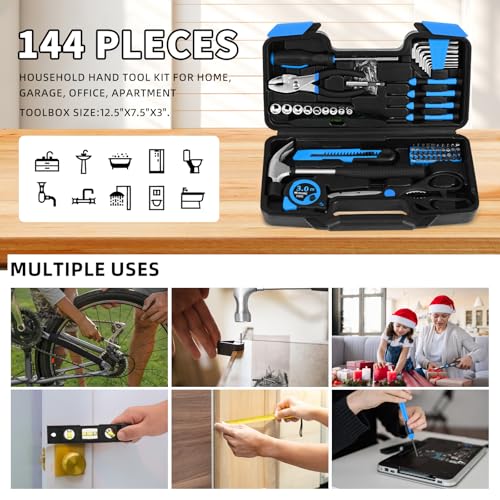 Image of 144-Piece Blue Tool Kit for Home, Household Hand Set with Plastic Toolbox | General basic repair tools for women & college students; all-purpose dorm set for home, apartment, office DIY daily repairs