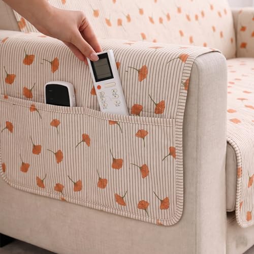 Image of STITCHNEST 'CloudFeel Series' Quilted Printed Velvet Sofa Cover for 1 Seater | Premium Soft Velvet Sofa Protector | Floral Design with Armrest Pockets | Furniture Cover