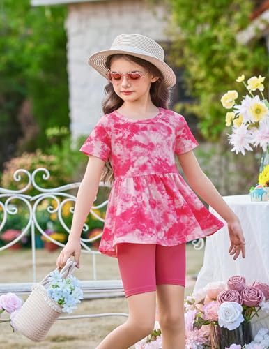 Image of Arshiner Girls Summer Outfits Short Sleeve Ruffle Hem Top and Biker Shorts Set Girl Clothes 4-15 Years