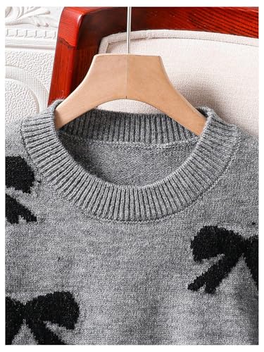 Image of BEAUDRM Girl's Cute Bow Sweater Crew Neck Long Sleeve Drop Shoulder Loose Pullover Tops