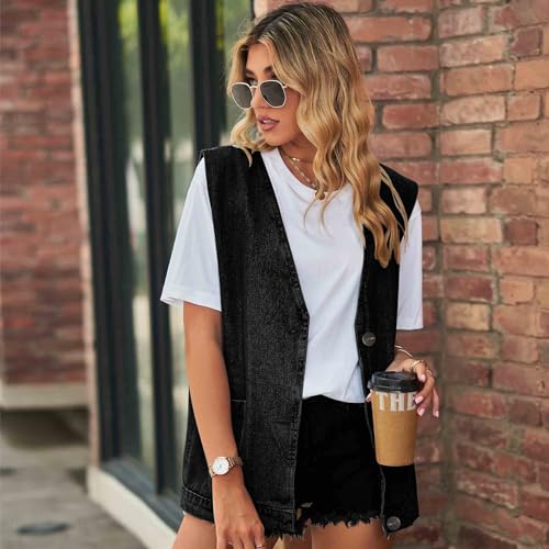 BXCNCKD Women's Oversized Denim Vest Mid Long Jean Vest Sleeveless Jackets Fashion Sleeveless Denim Vest2