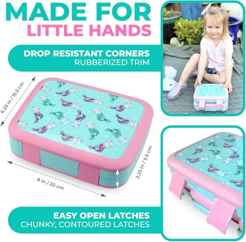Image of Bento Box with Stainless Steel Food Thermo for Hot Food or Soup, Insulated Lunch Bag, and Ice Pack Set for Kids Girl Toddlers. Ages 3 to 7 Pink Aqua Cat Mermaid