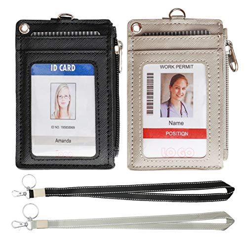 Image of 2 Pack ID Badge Holder with Lanyard,2 Sided 5 Card Slots ID Card Holder Wallet with PU Leather Zipper Pocket and Detachable Keychain Lanyard for Teens Men Women(Black & Gray)