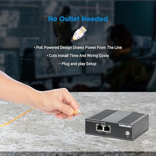 Image of Intellinet Industrial Gigabit PoE++ Extender, 80W, DIN Rail, IP30 | IEEE 802.3bt /at /af compliant 4PPoE repeater, 10 /100 /1000 Mbps, no power supply needed, -40 to 167F use