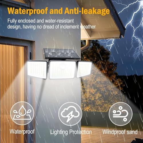 Image of 164 LED Solar Motion Sensor Light Outdoor, 3 Head 270 Wide Angle IP65 Waterproof Solar Security Wall Light with Remote Control, 3 Modes for Gate, Garden, Parking & Terrace (Pack of 1)