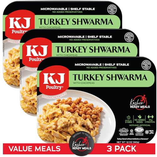 Image of KJ Poultry Kosher Ready Meals - Turkey Shwarma, MRE Meat Meals Ready to Eat, Gluten Free, Halal, (3 Pack) Prepared Entree Fully Cooked, Shelf Stable Microwave Dinner, Travel, Military, Camping