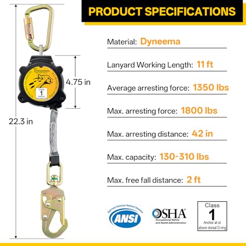Image of TRSMIMA Retractable Lanyard Fall Protection - 11FT Webbing Self Retracting Lifeline Fall Arrest YoYo Class 1 SRL ANSI