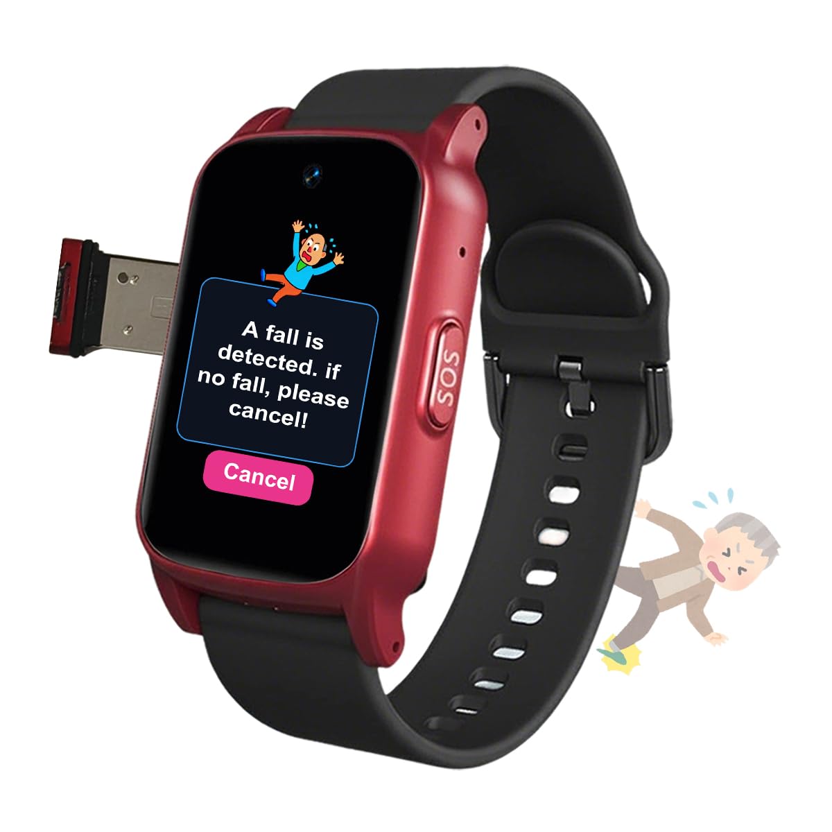 Reloj Localizador Personas Mayores, Reloj Localizador GPS Ancianos Pulsera Avisador Personas Mayores, con Detección Caídas, SOS SmartwatchRed,1.25 * 0.57 * 2.22inch