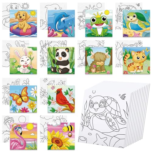 Anseal 12 Packs Pre Drawn Canvas to Paint 4 X 4 Animal Pre-Printed Canvas Paint Party Stretched Outline Painting Boards for Beginners Party Favor