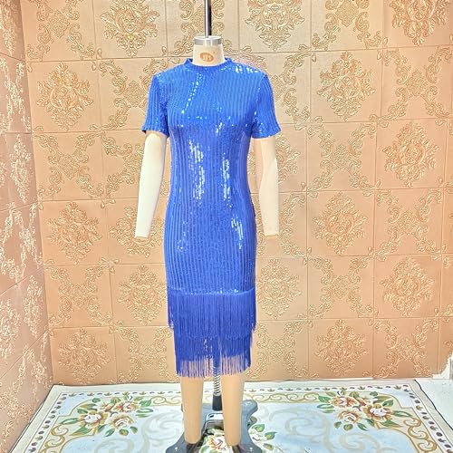 Image of Cololura Sexy Elegant Women Sequin Long Sleeve Tassel Bodycon Midi Dress Party Evening Gown Formal Dress