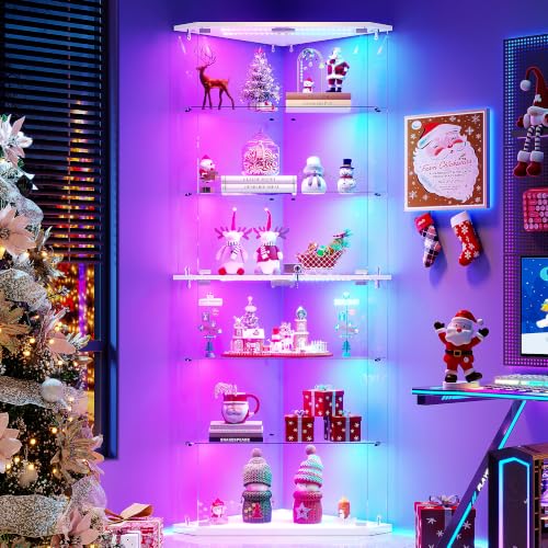 HNEBC Corner Glass Display Cabinet with LED Lighted for Collectible, White - image 1