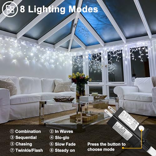 White Christmas Lights Outdoor 66ft 640 LED Icicle Lights for Outside House | Connectable LED String Lights Clear Wire 8 Modes Timer Plug in Waterproof for Holiday Eaves Yard Roof Party Xmas Decoration - image 5