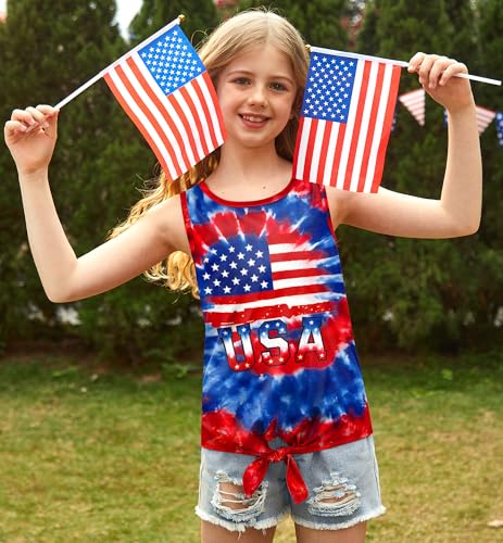 Image of July 4th Girls Patriotic Sleeveless Tie Knot Front Tank Top Stars Stripes Tee Shirt 4-14 Years