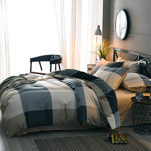 Lifetb TBUSGS11W-3Q Cotton Grid Plaid Duvet Cover Set Queen Modern Reversible Checkered Hotel Quality Zipper Closure Bedding Collection thumb #3