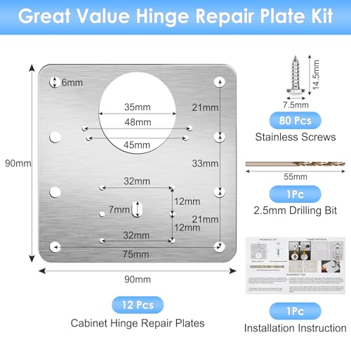 Thrilez 12PCS Cabinet Hinge Repair Kit with 80 Screws, Kitchen Door Hinge Repair Plate with Holes, Stainless Steel for Wood Furniture