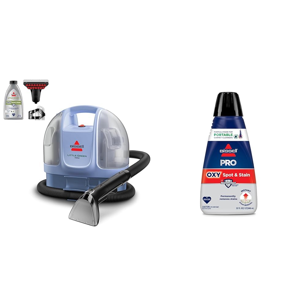 BISSELL Little Green Mini Limited Edition Color Lake Blue, 4075F + Bissell Professional Spot and Stain + Oxy Portable Machine Formula, 32 oz, Single, 32 Fl Oz