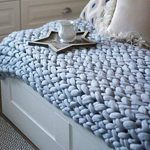 HASUNY Couverture tricotée à la Main en Laine Douce Plaid Tricoté Main en Grosse Maille pour canapé, Salon, Tapis de Yoga, Cadeau,Bleu,100 * 150cm(39 * 59in) Cover