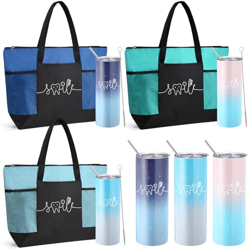 Buryeah 6 Pcs Dentist Gift 20oz Tumbler Large Tote Bag Thank You Gift for Assistant National Dental Care Awareness (Multicolor)