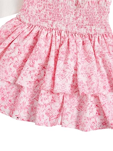 Image of RoseSeek Girl's 2 Piece Outfits Lace Ruched Camisole Tops and Shirred High Waisted Layered Floral Skirts Set