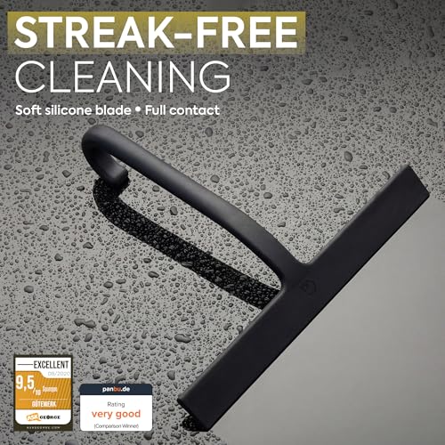 Image of GUTEWERK Shower Squeegee for Glass Doors - Bathroom Squeegee for Shower Glass & Tile Walls, Streak-Free & No-Squeak Silicone Blade, Stainless Steel Core, Hang Hook + Suction Cup, Black, 10 Inch