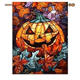 Spooky Pumpkin House Flag Scary Halloween Flags for Outside 28x40 Double Sided Large Stained Glass Fall Garden Flags Autumn Yard Flag for Outdoor Porch Lawn Farmhouse Thanksgiving Decor