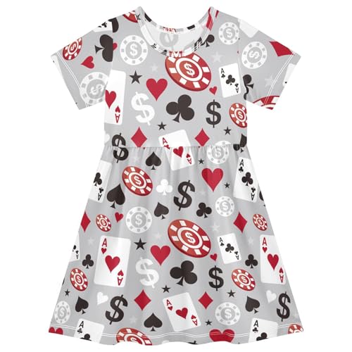 ALAZA Poker Card Gray Girls Dress Short Sleeve Toddler Casual Dresses Summer Sundress 2-8T